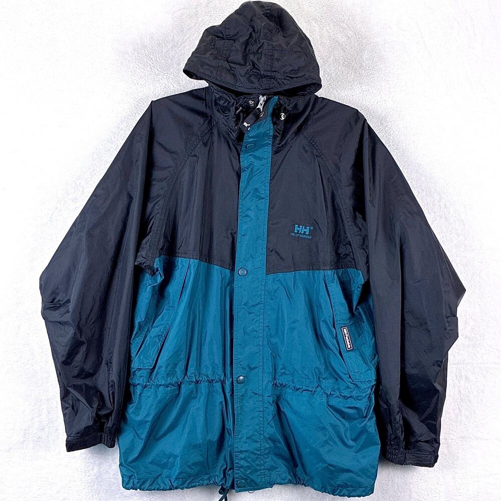 VTG Helly Hansen Jacket Mens M Black Blue Outdoors Hiking Lightweight Packable